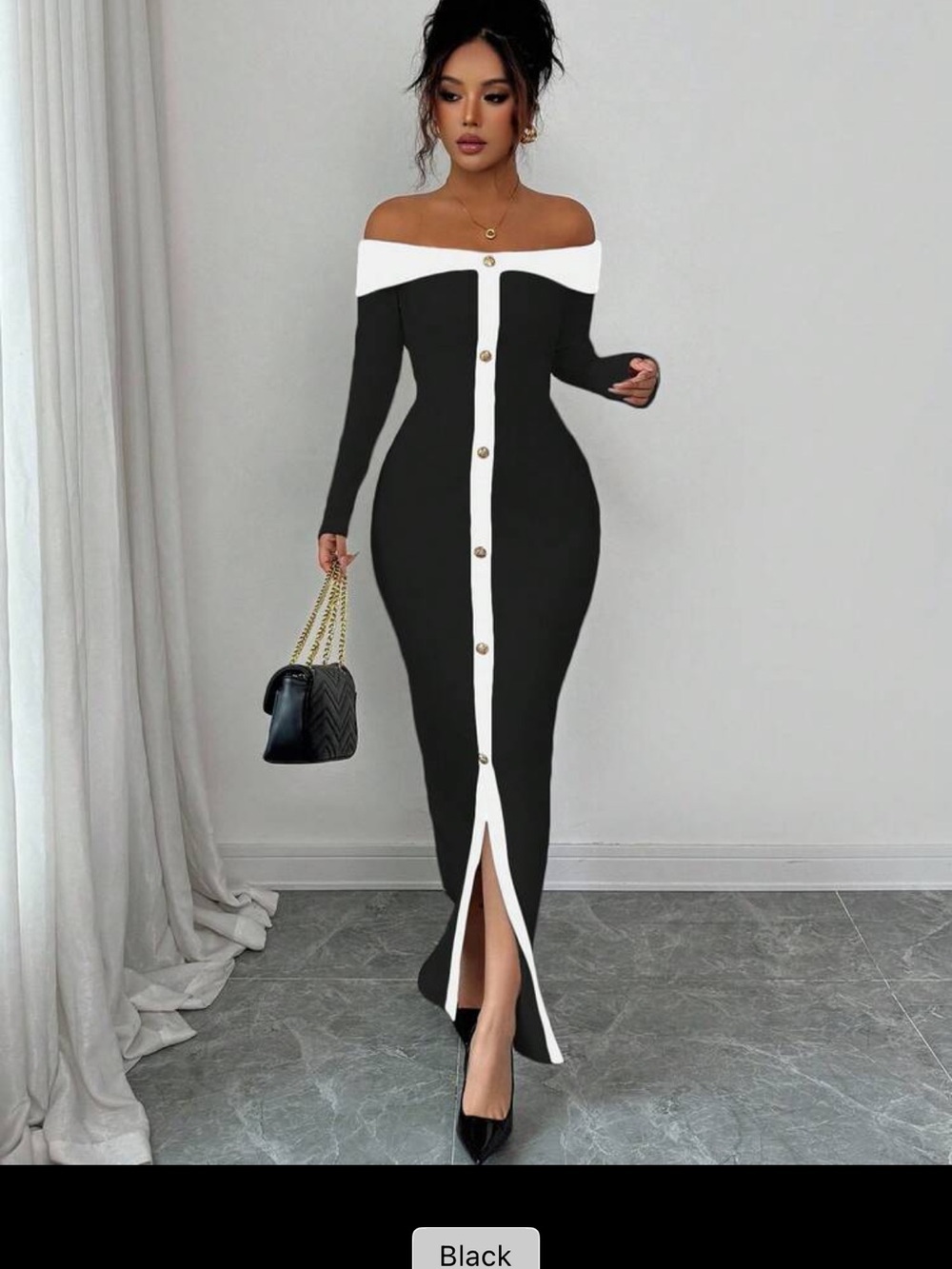 Off-Shoulder Black & White Button-Front Maxi Dress size XS/S